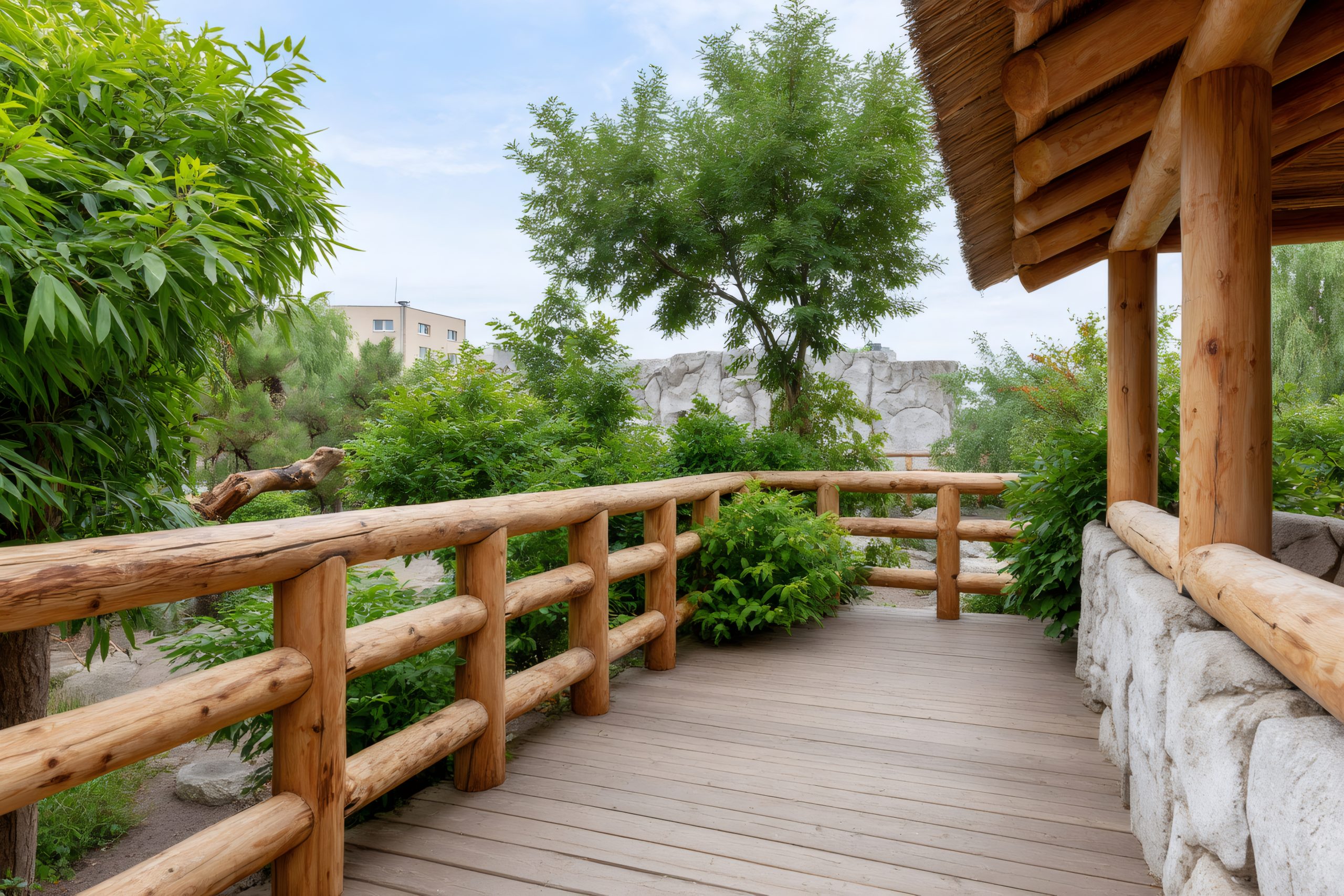 wooden walkway with log fence in green park photo